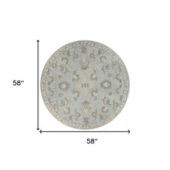 5' Blue And Ivory Round Wool Hand Tufted Area Rug