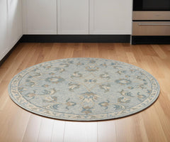 5' Blue And Ivory Round Wool Hand Tufted Area Rug