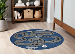 5' Round Navy Imaginative Racetrack Area Rug