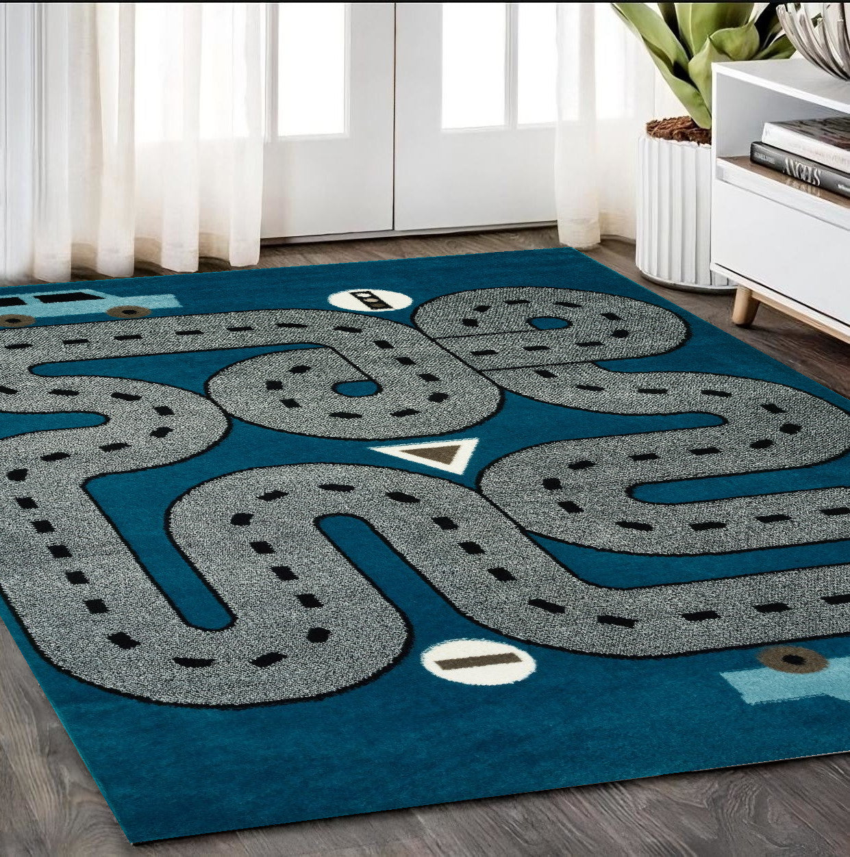 5' X 7' Navy Imaginative Racetrack Area Rug