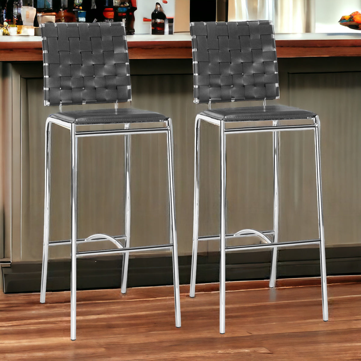 Set of Two 29" Black And Silver Steel Low Back Bar Height Bar Chairs