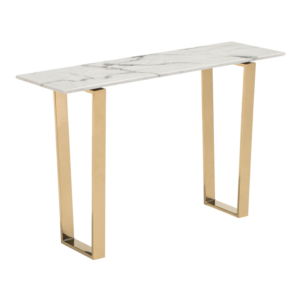 47" White and Gold Faux Marble Sled Console Table