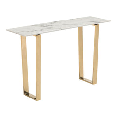 47" White and Gold Faux Marble Sled Console Table