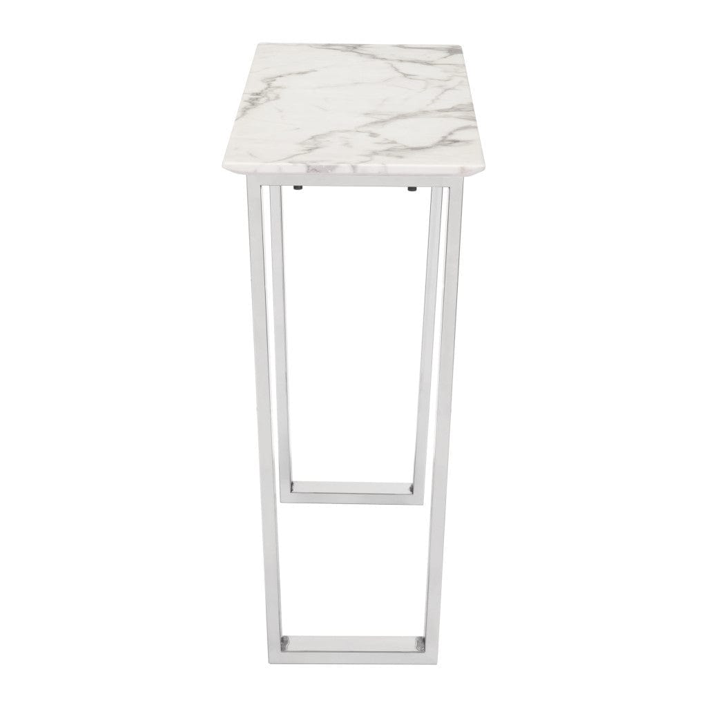 47" White and Silver Faux Marble Sled Console Table - Homeroots