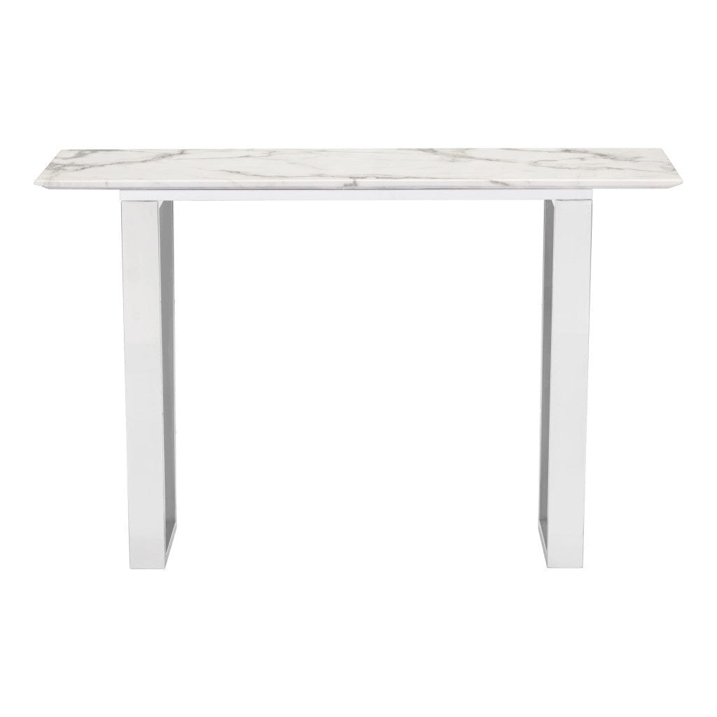 47" White and Silver Faux Marble Sled Console Table - Homeroots