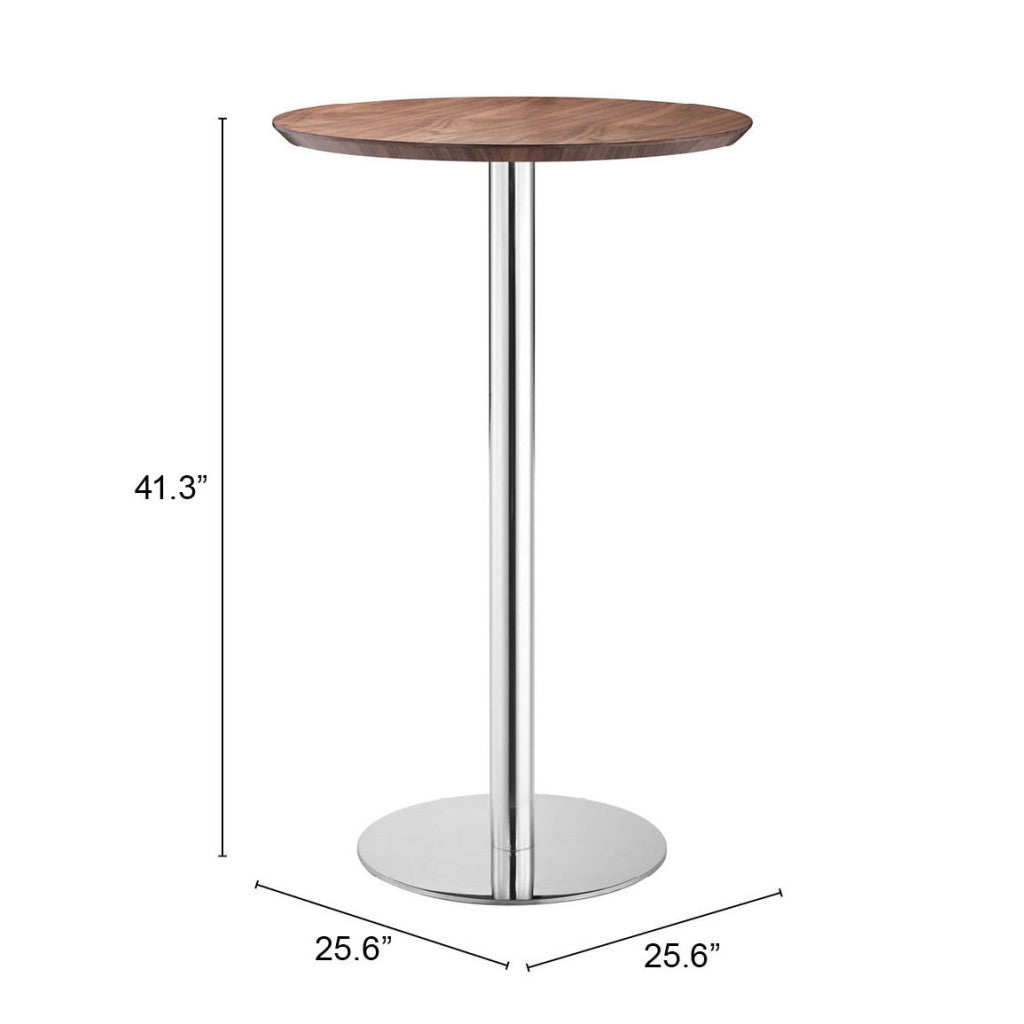 26" Brown and Silver Round Stainless Steel Pedestal Bar Table - Homeroots