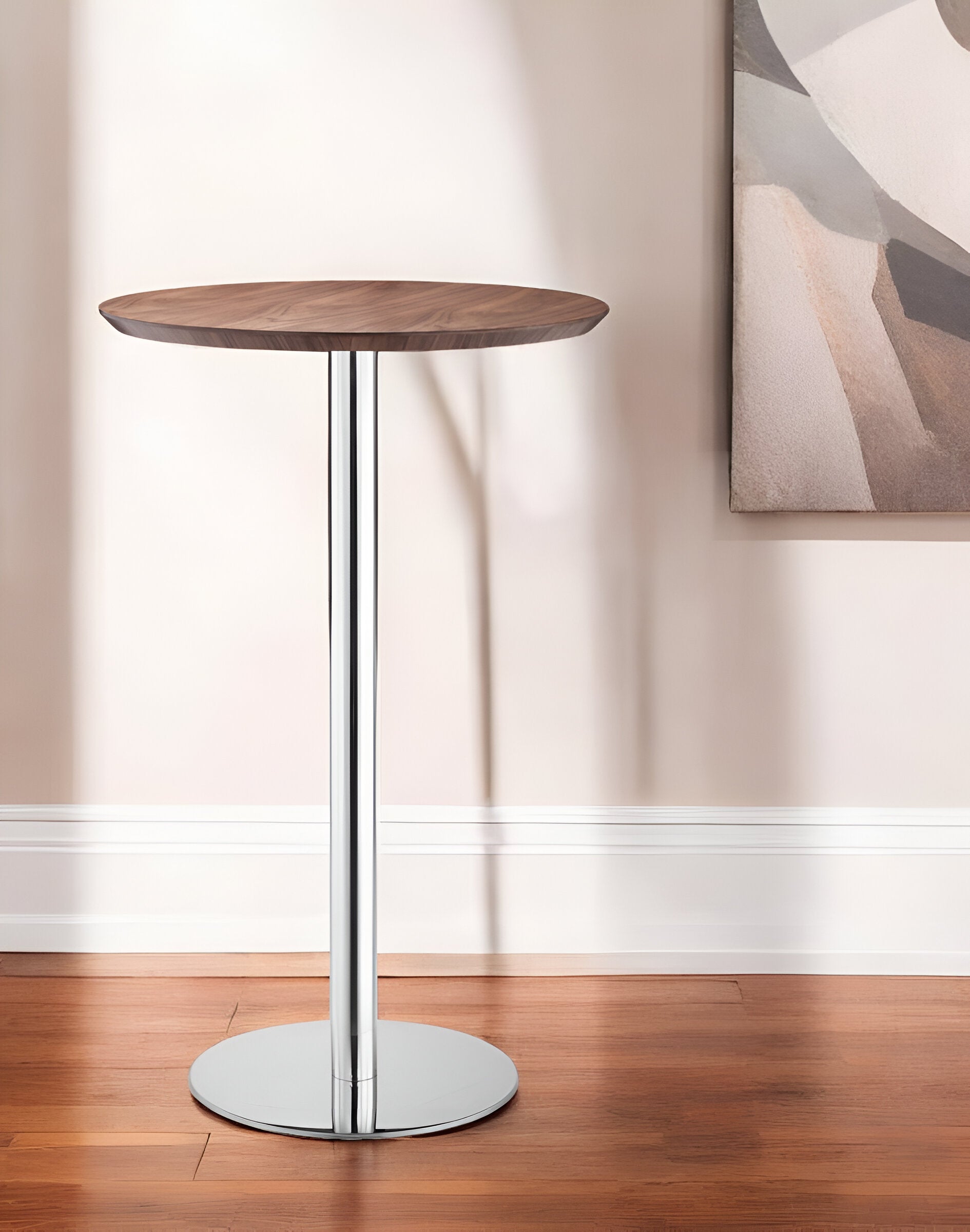 26" Brown and Silver Round Stainless Steel Pedestal Bar Table