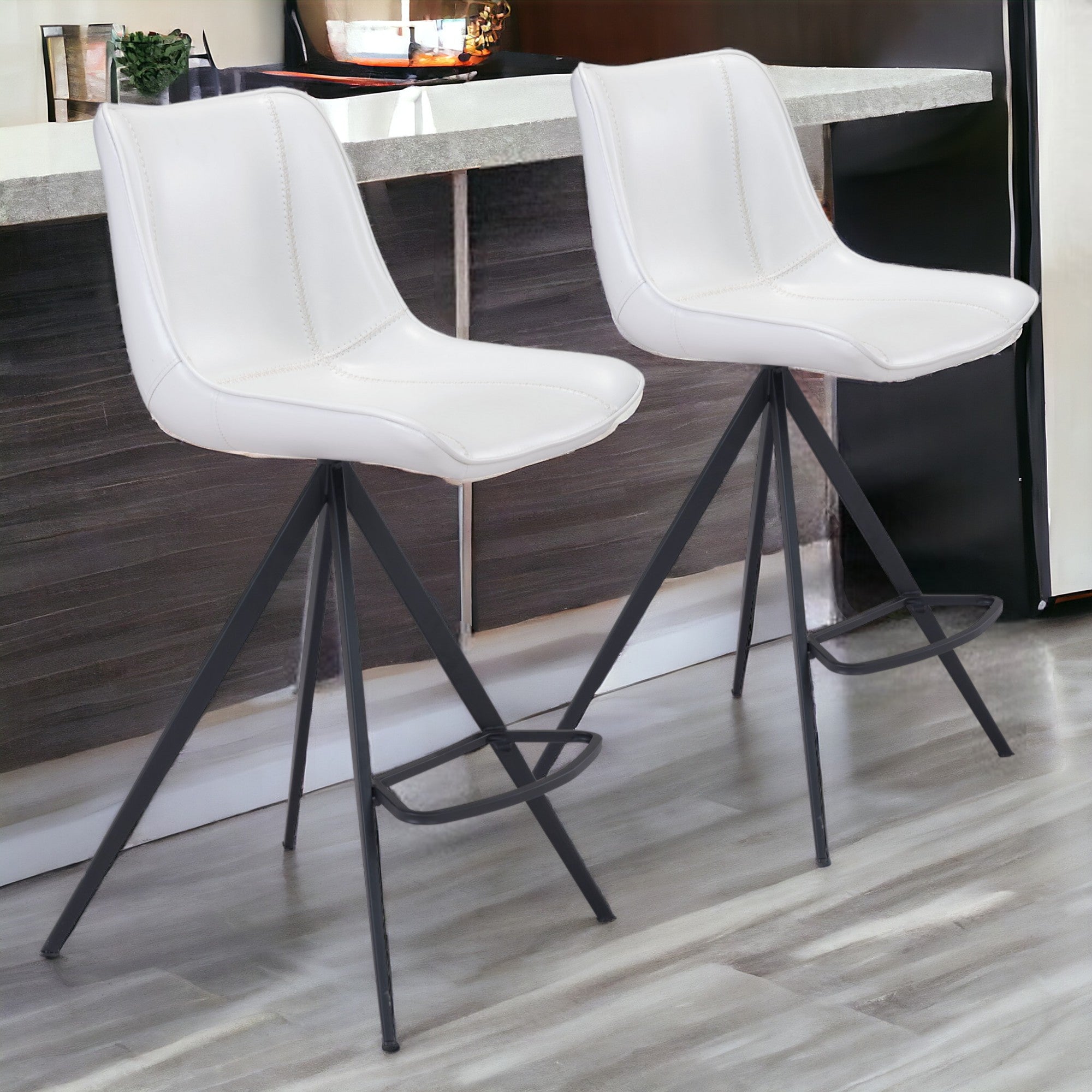 Set of Two 26" White And Black Steel Low Back Counter Height Bar Chairs