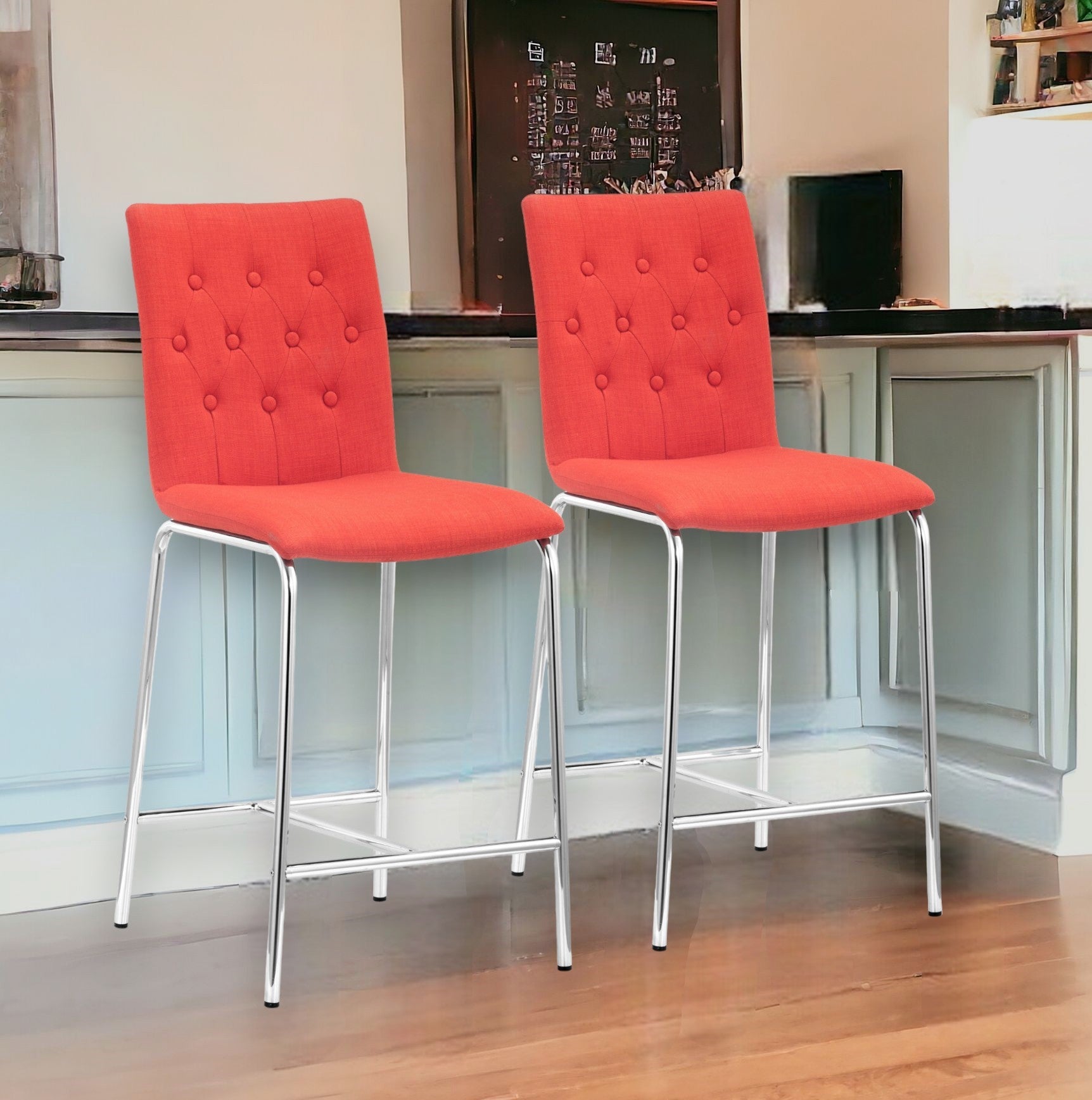 Set of Two 24" Tangerine And Silver Steel Low Back Counter Height Bar Chairs