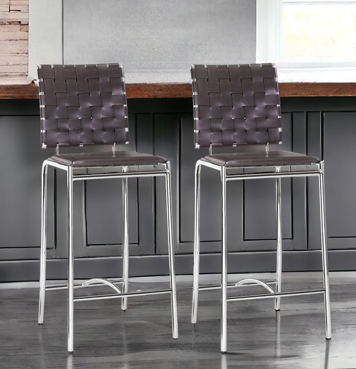 Set of Two 26" Espresso And Silver Steel Low Back Counter Height Bar Chairs