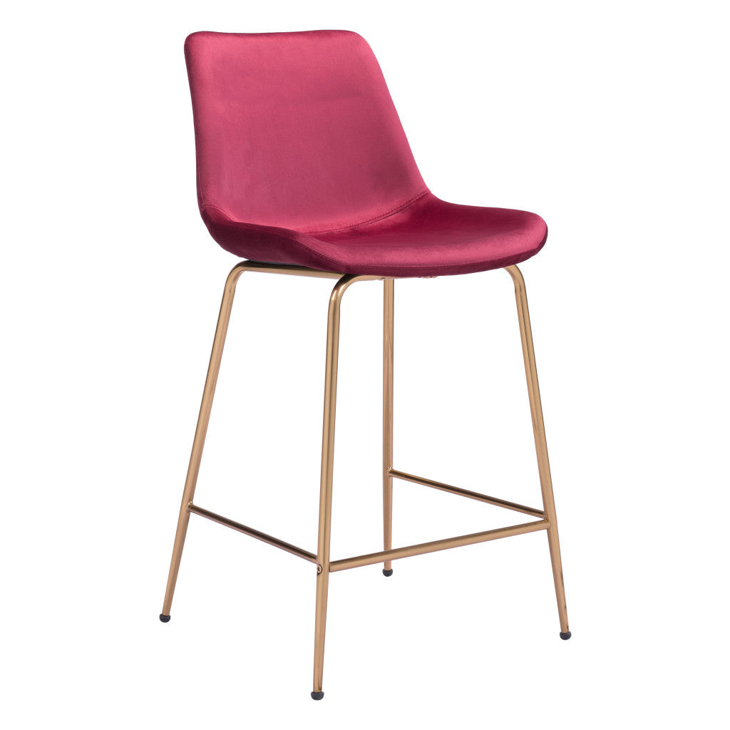 26" Red And Copper Velvet And Steel Low Back Counter Height Bar Chair