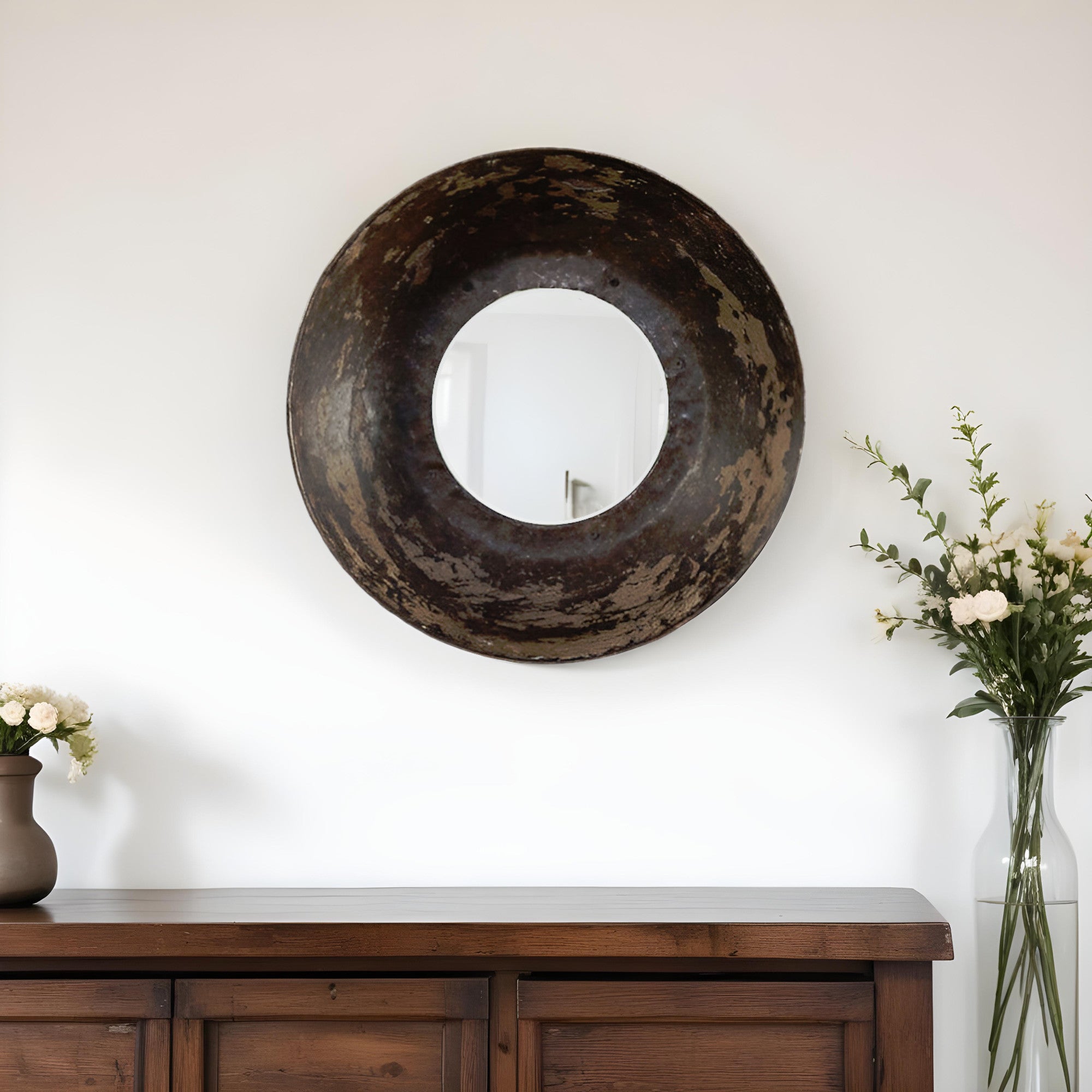 16" Dark Brown Reclaimed And Distressed Metal Round Bowl Accent Mirror