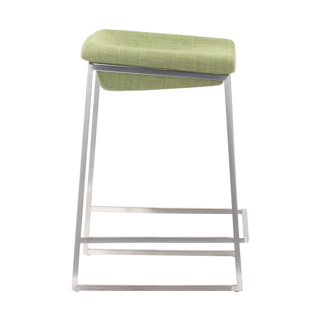 Set of Two 24" Green And Silver Steel Backless Counter Height Bar Chairs