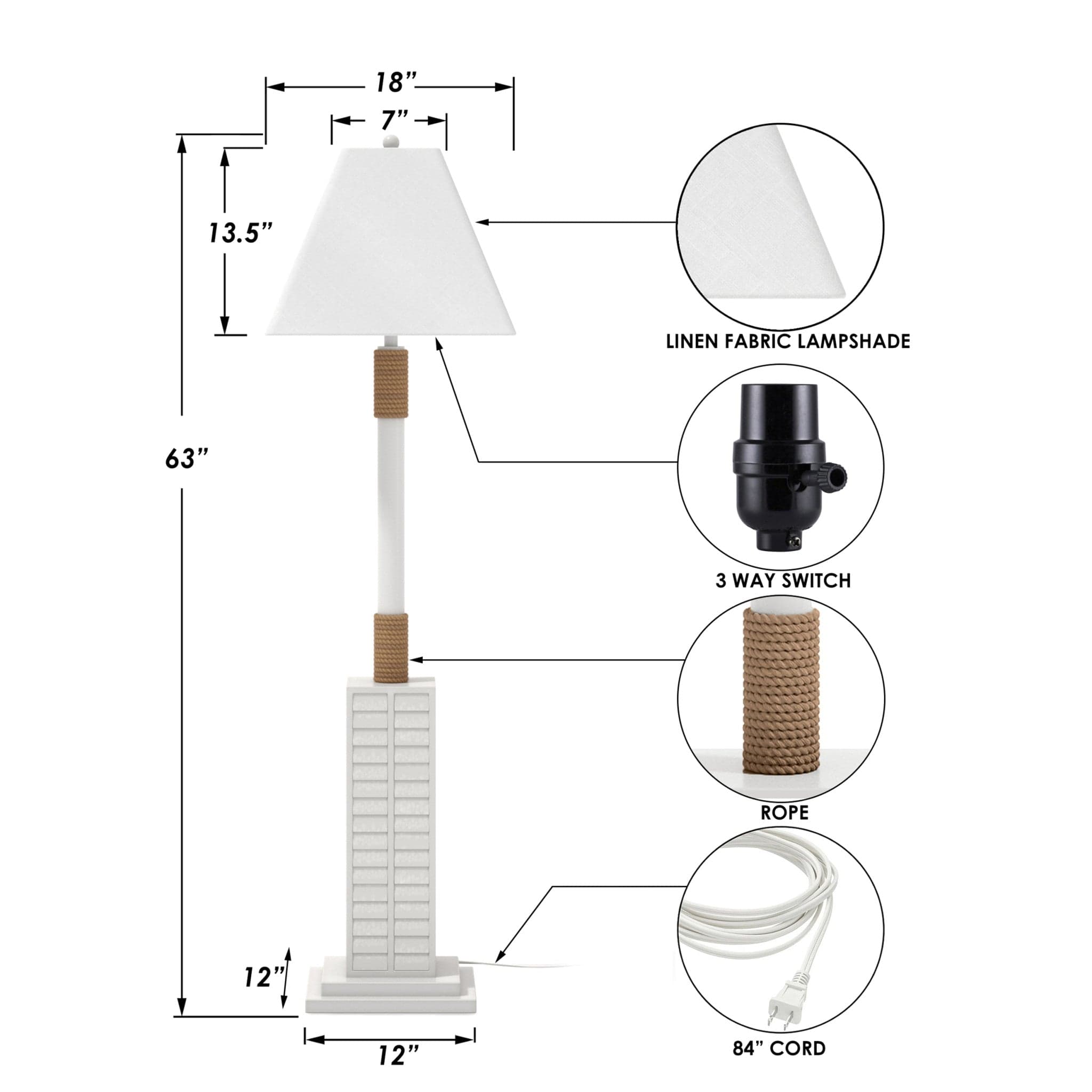 63" White Floor Lamp With White Linen Shade - Homeroots