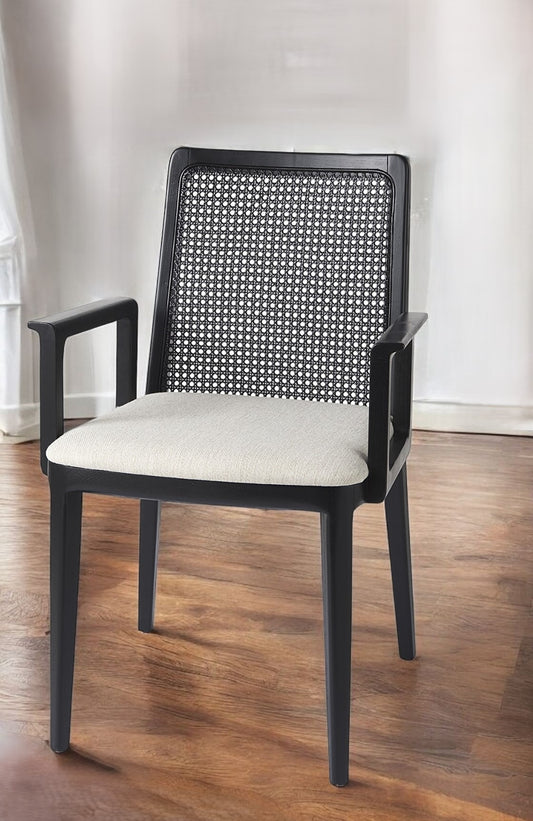 Black and Cream Uholstery and Cane Dining Armchair