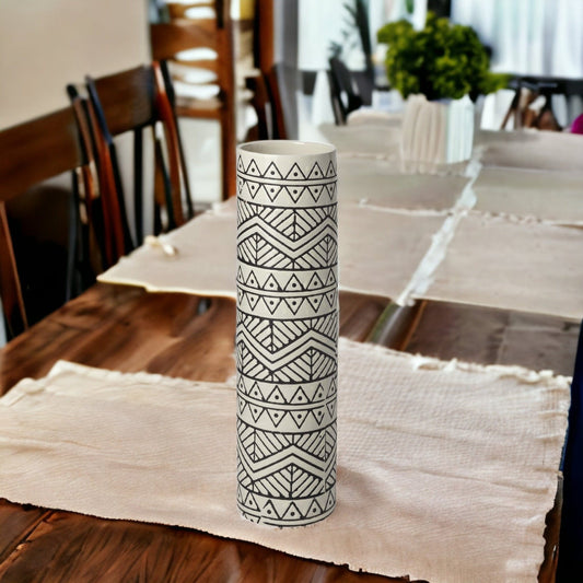 14" Ceramic Cream Geometric Cylinder Table Vase - Homeroots