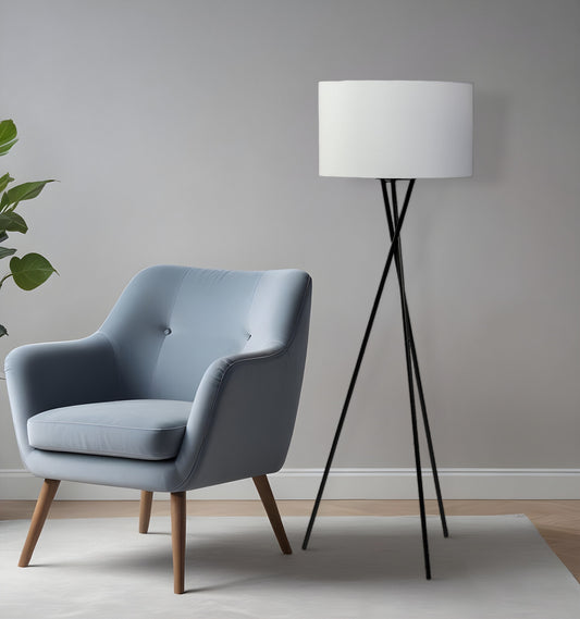 66" Black Tripod Floor Lamp With White Fabric Drum Shade