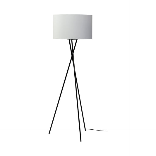 66" Black Tripod Floor Lamp With White Fabric Drum Shade