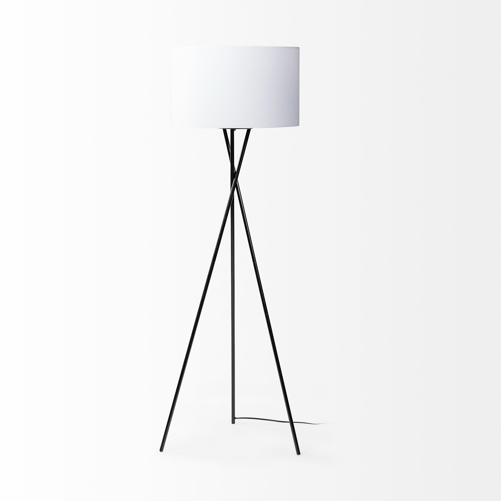 66" Black Tripod Floor Lamp With White Fabric Drum Shade