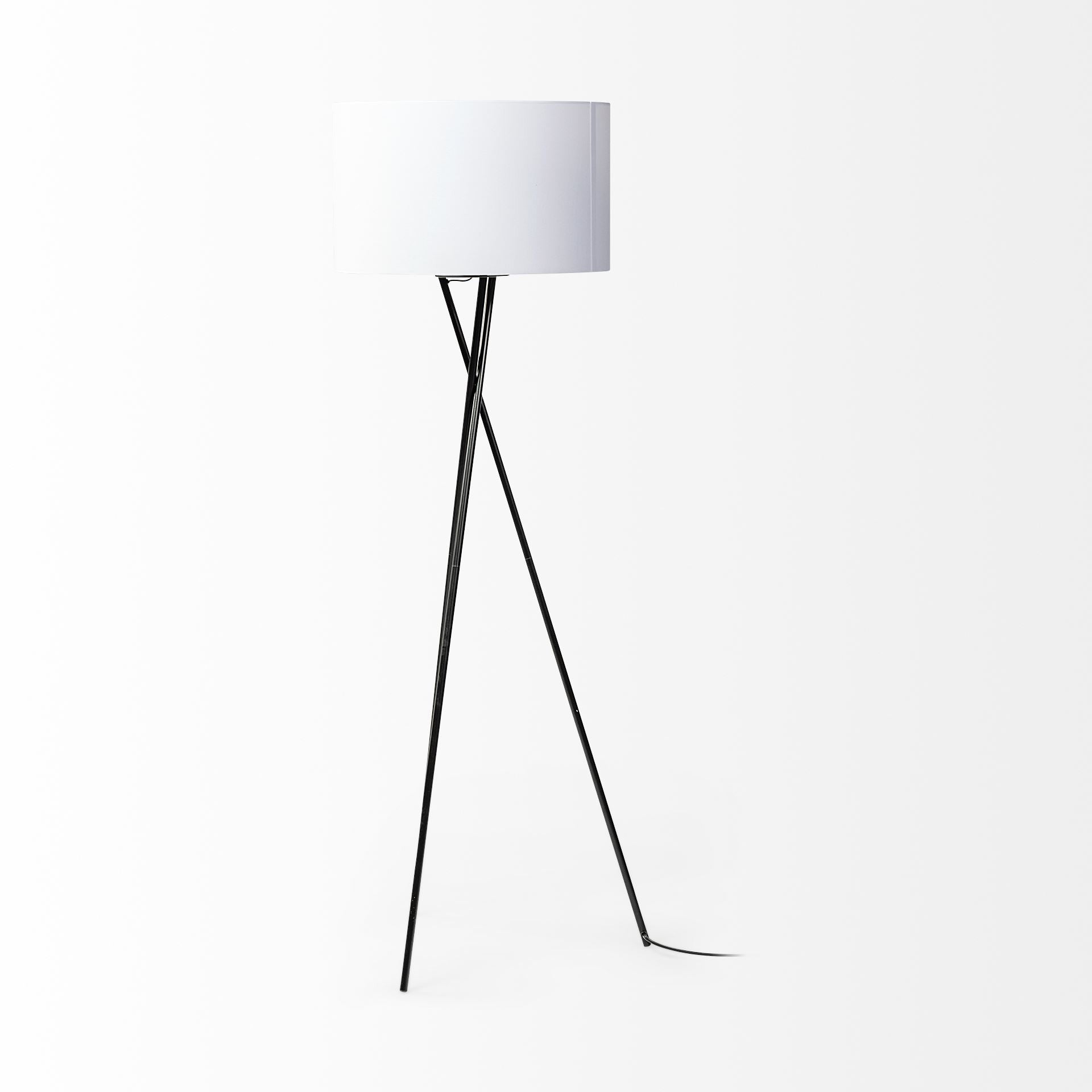 66" Black Tripod Floor Lamp With White Fabric Drum Shade