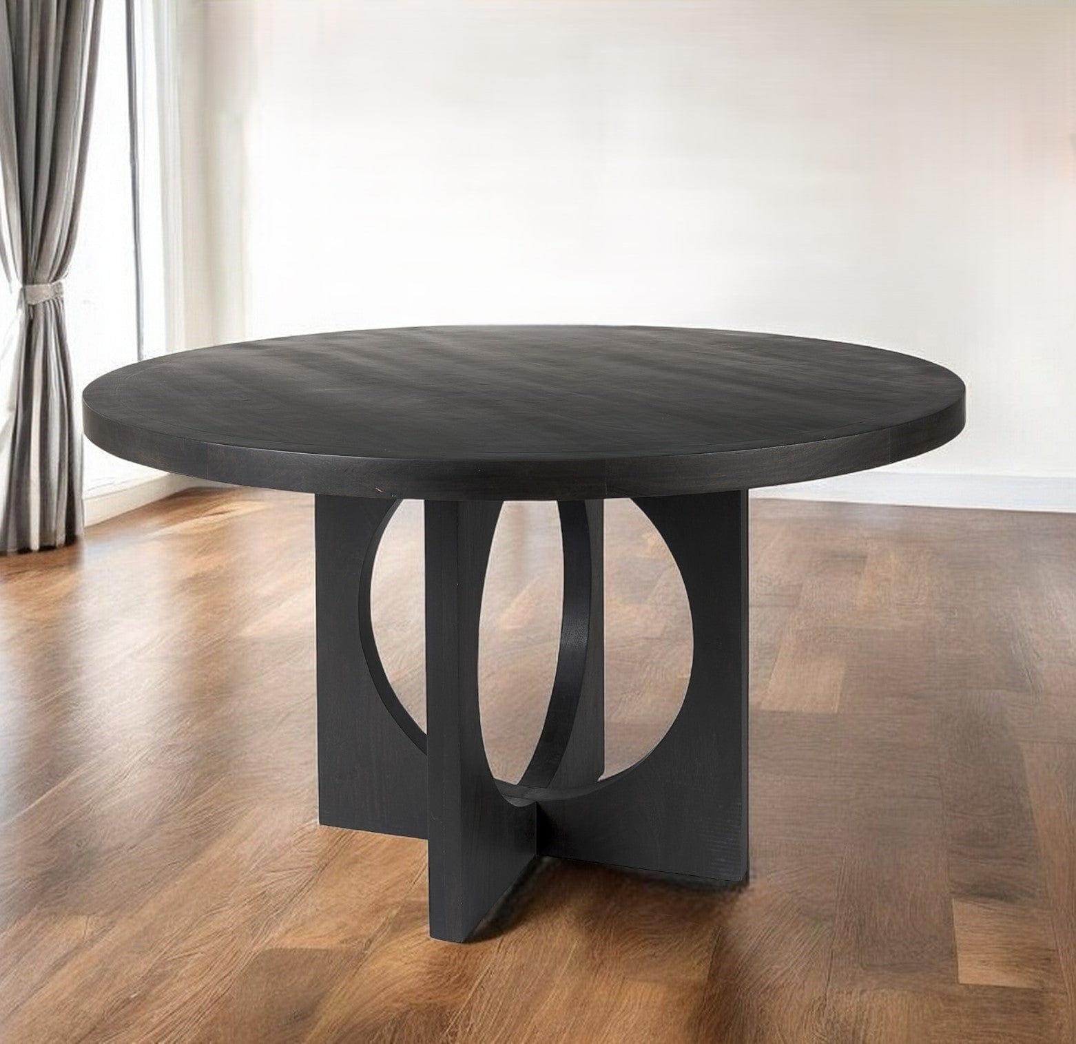 54" Black Rounded Solid Wood Pedestal Base Dining Table - Homeroots