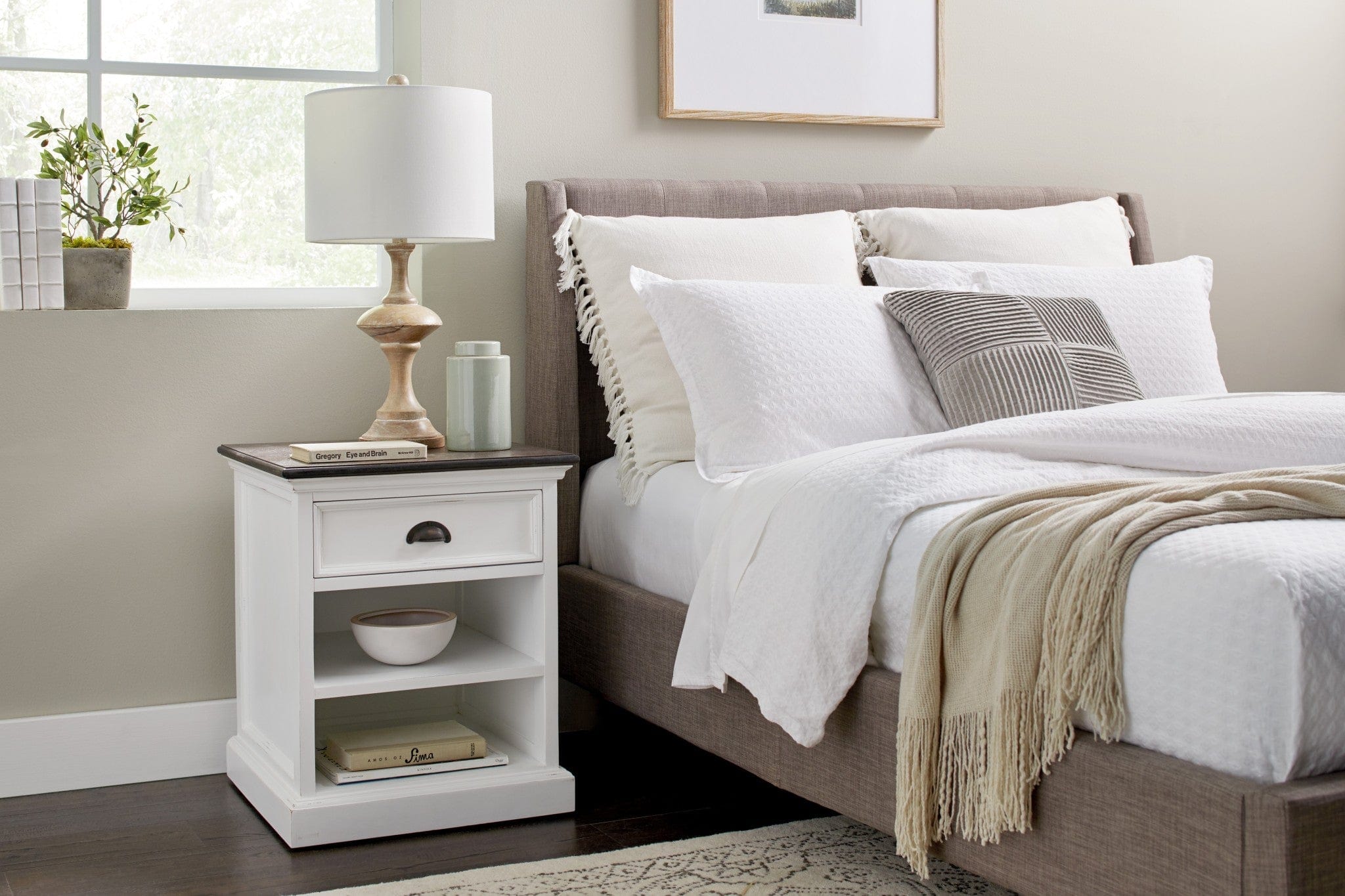 Distressed White and Deep Brown Nightstand With Shelves - Homeroots