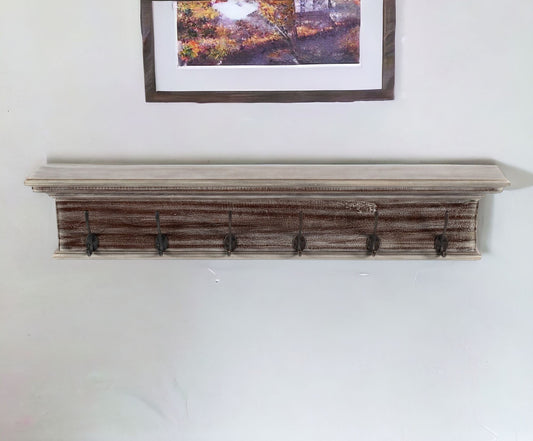 39" Rustic Brown Gray Wash Wood Six Hook Hanging Coat Rack