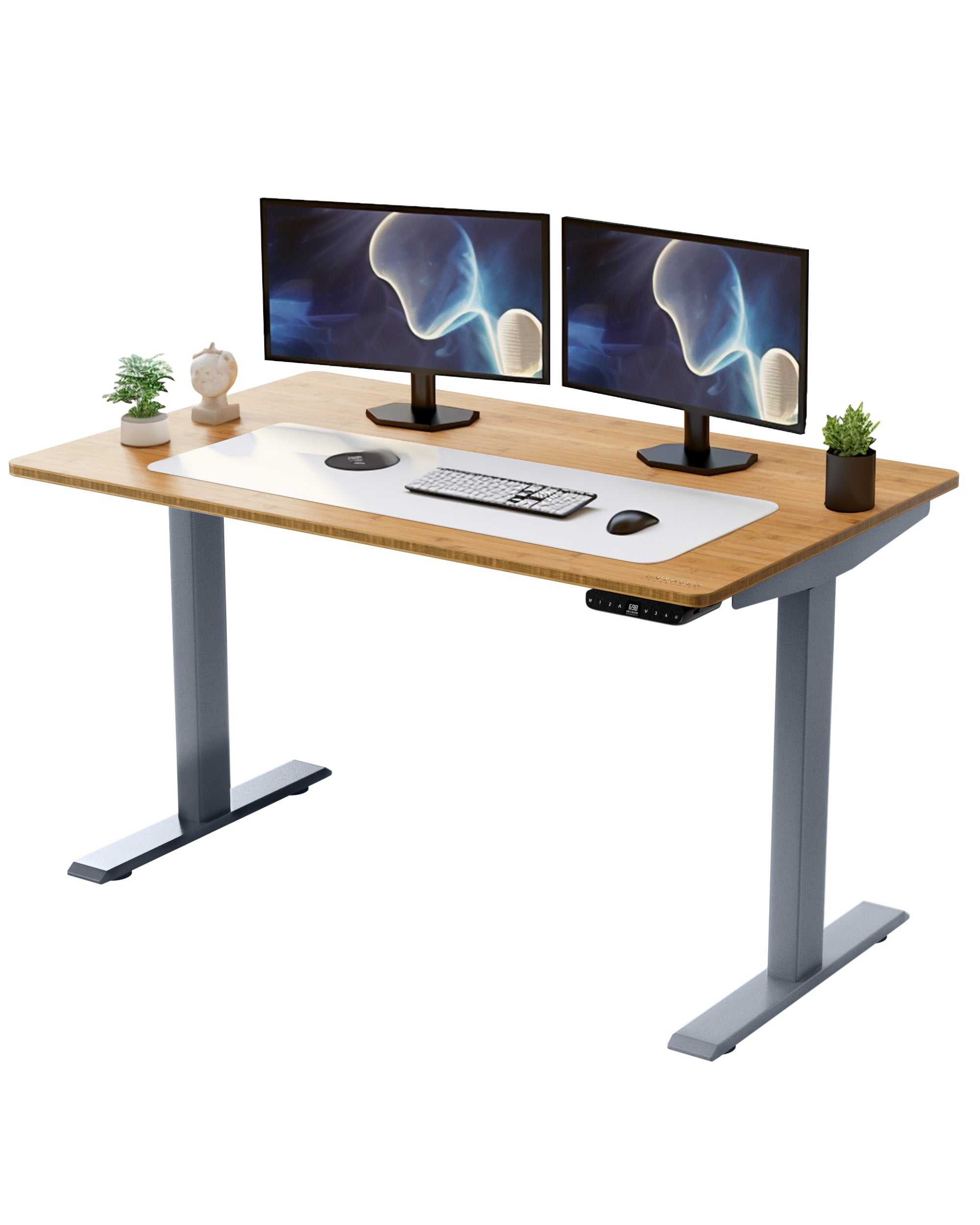 Gray and Natural Bamboo Dual Motor Electric Office Adjustable Computer Desk