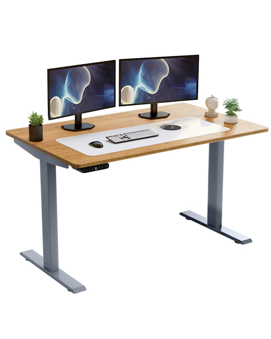 Gray and Natural Bamboo 52" Dual Motor Electric Office Adjustable Computer Desk