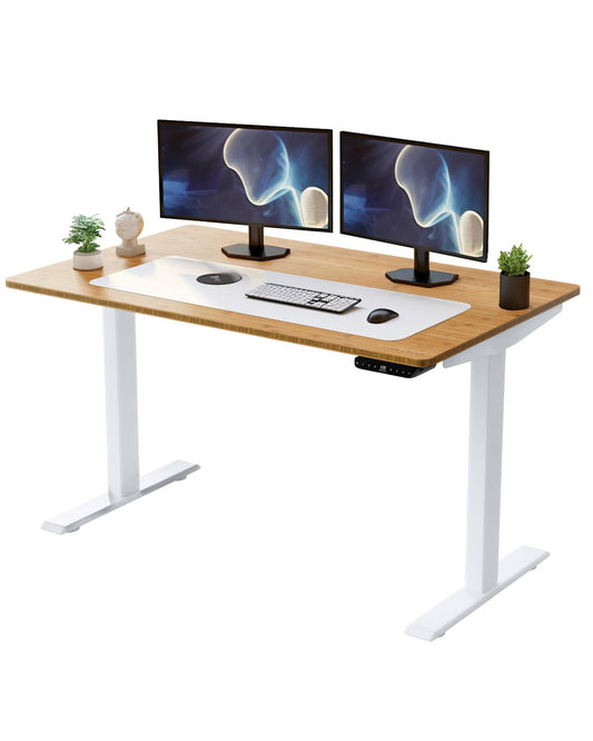 White and Natural Bamboo 52" Dual Motor Electric Office Adjustable Computer Desk