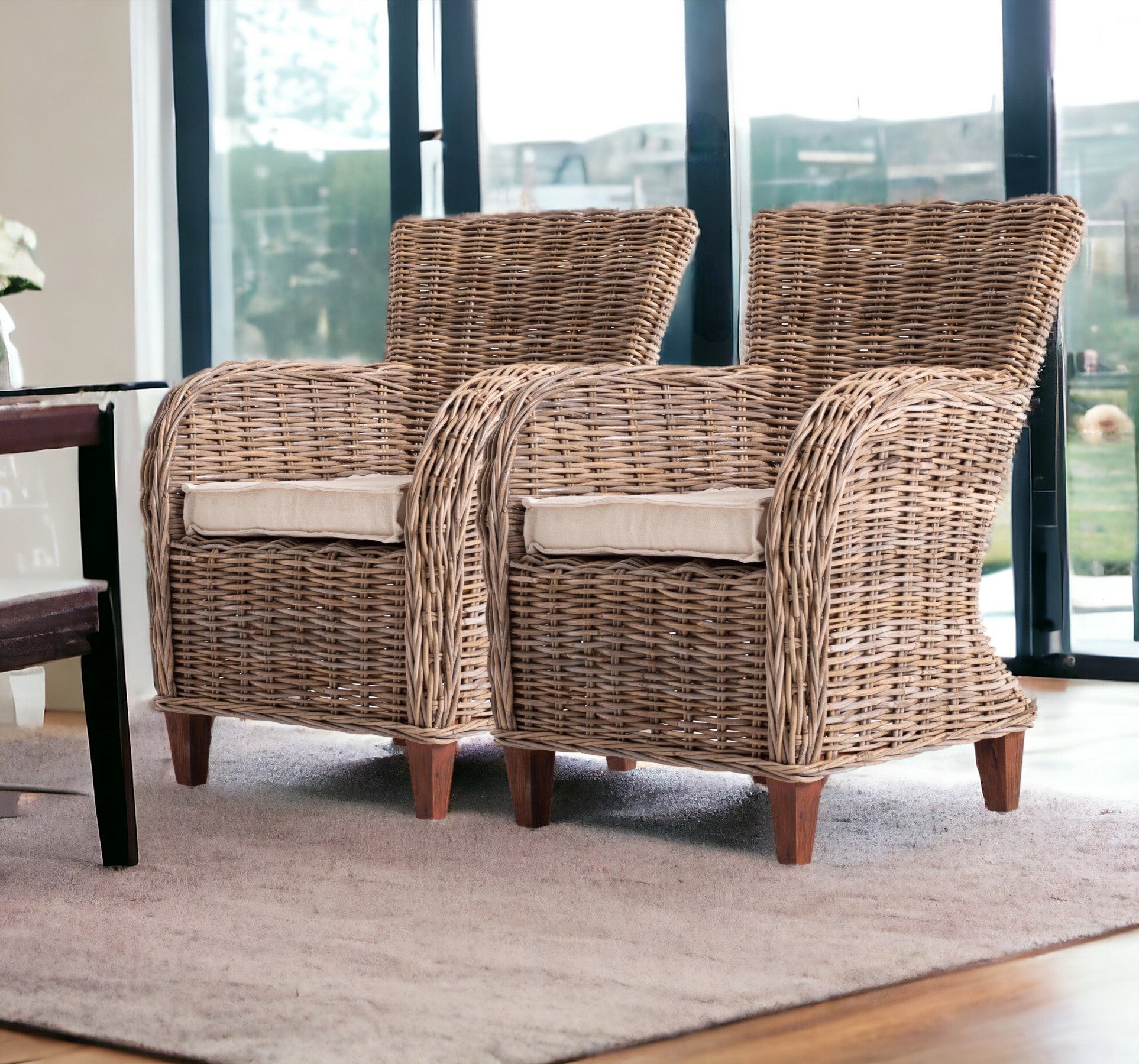 Set Of Two Natural Brown Rattan Wingback Wicker Chairs with Seat Cushions