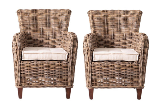 Set Of Two Natural Brown Rattan Wingback Wicker Chairs with Seat Cushions - Homeroots