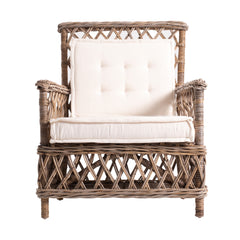 Set of Two Natural Lattice Wicker Arm Chairs with Seat Cushions