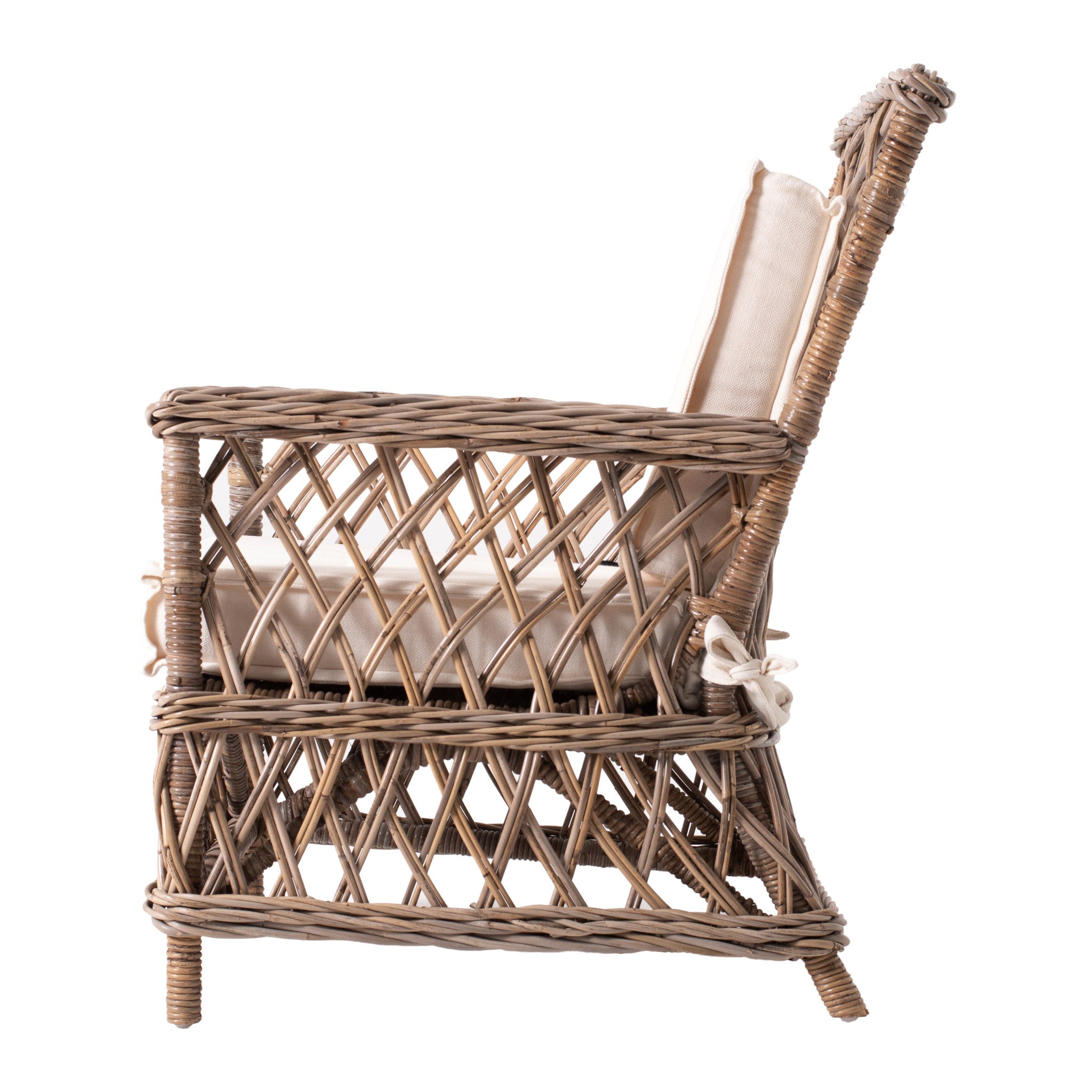 Set of Two Natural Lattice Wicker Arm Chairs with Seat Cushions