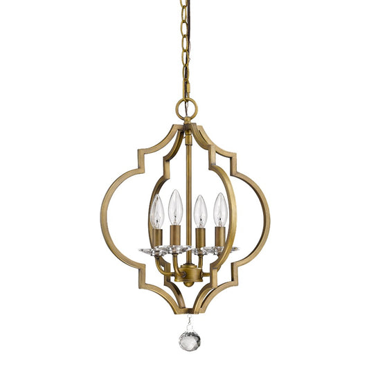 Brass Candle Style Four Light Metal and Crystals Dimmable Chandelier