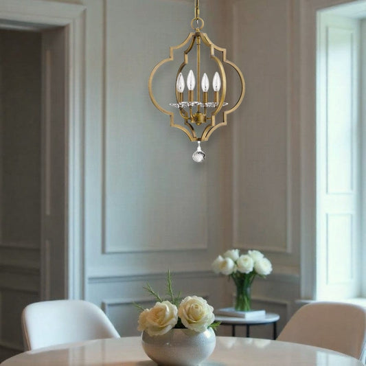 Brass Candle Style Four Light Metal and Crystals Dimmable Chandelier