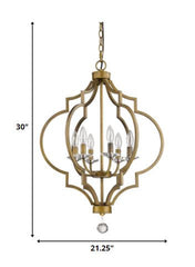 Gold and White Candle Style Six Light Metal Dimmable Chandelier