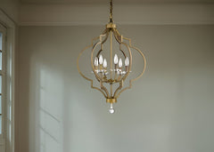 Gold and White Candle Style Six Light Metal Dimmable Chandelier