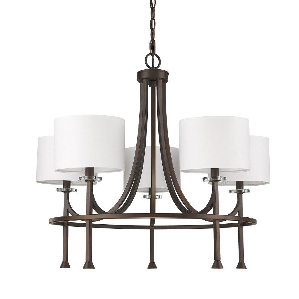 Brown Candle Style Five Light Metal and Crystals Dimmable Chandelier With White Shades