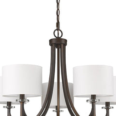 Brown Candle Style Five Light Metal and Crystals Dimmable Chandelier With White Shades