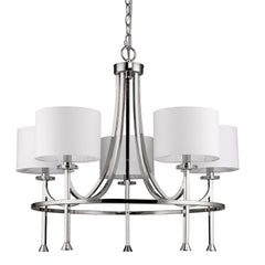 Silver Candle Style Five Light Metal and Crystals Dimmable Chandelier With White Shades