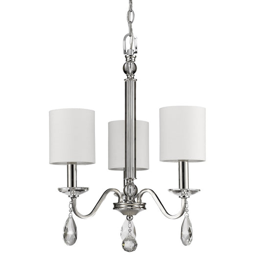 Silver Candle Style Three Light Metal and Crystals Dimmable Chandelier With White Shades