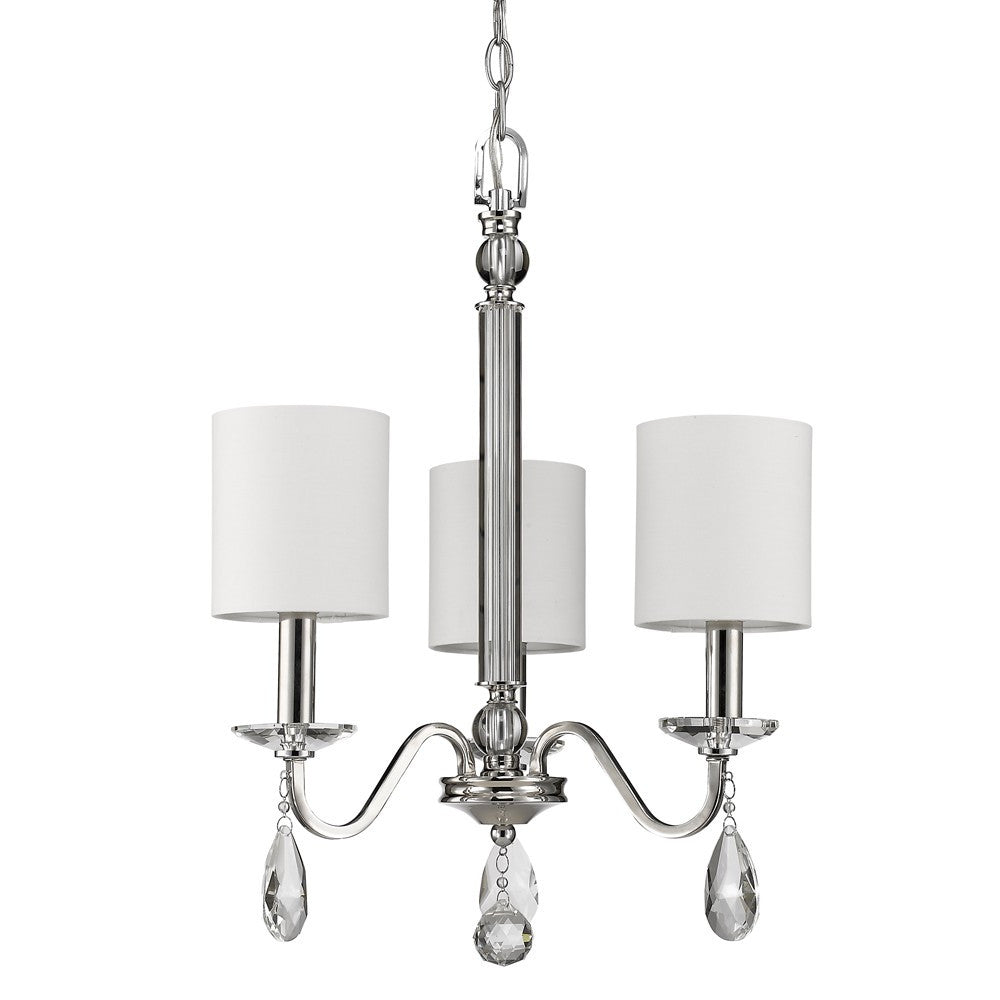 Silver Candle Style Three Light Metal and Crystals Dimmable Chandelier With White Shades