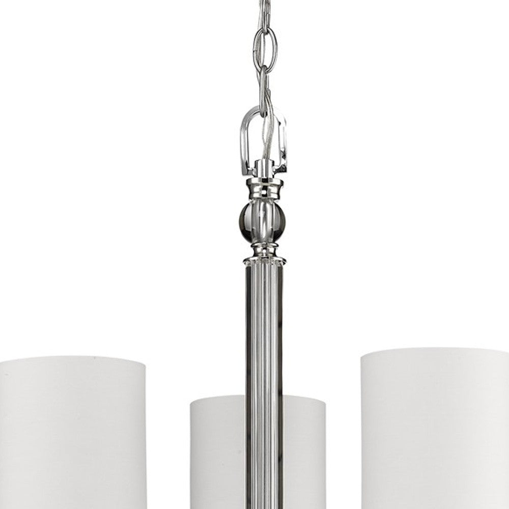 Silver Candle Style Three Light Metal and Crystals Dimmable Chandelier With White Shades