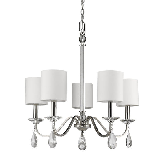 Silver Candle Style Five Light Metal and Crystals Dimmable Chandelier With White Shades