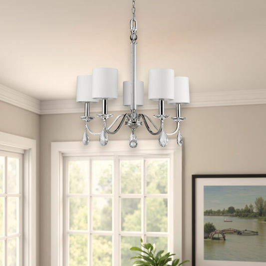 Silver Candle Style Five Light Metal and Crystals Dimmable Chandelier With White Shades