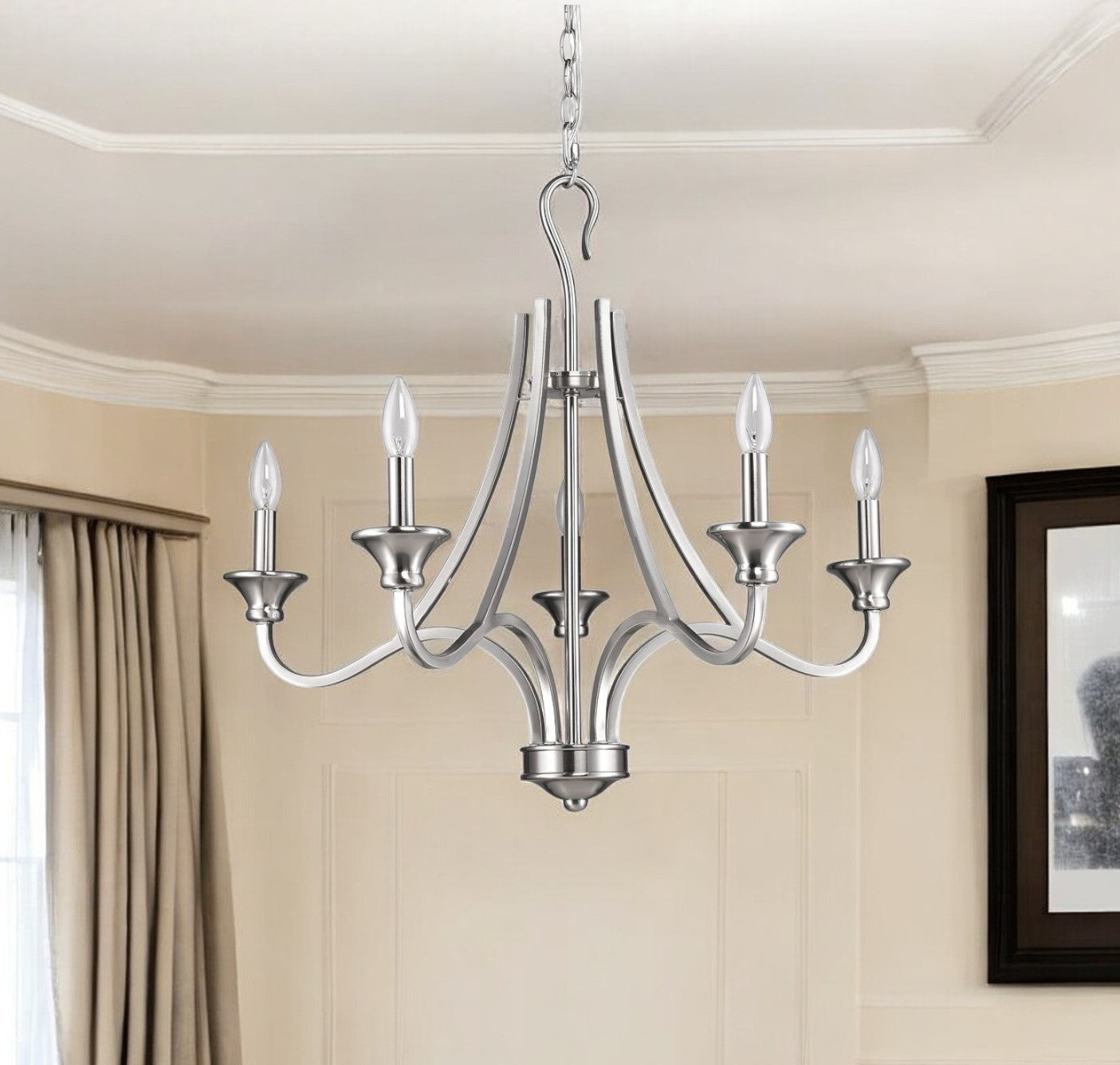 Silver Candle Style Five Light Metal Dimmable Chandelier