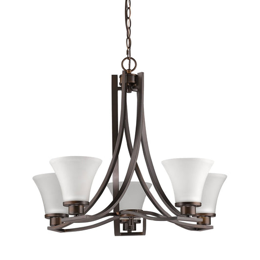 Bronze Candle Style Five Light Frosted Metal Dimmable Chandelier With White Shades