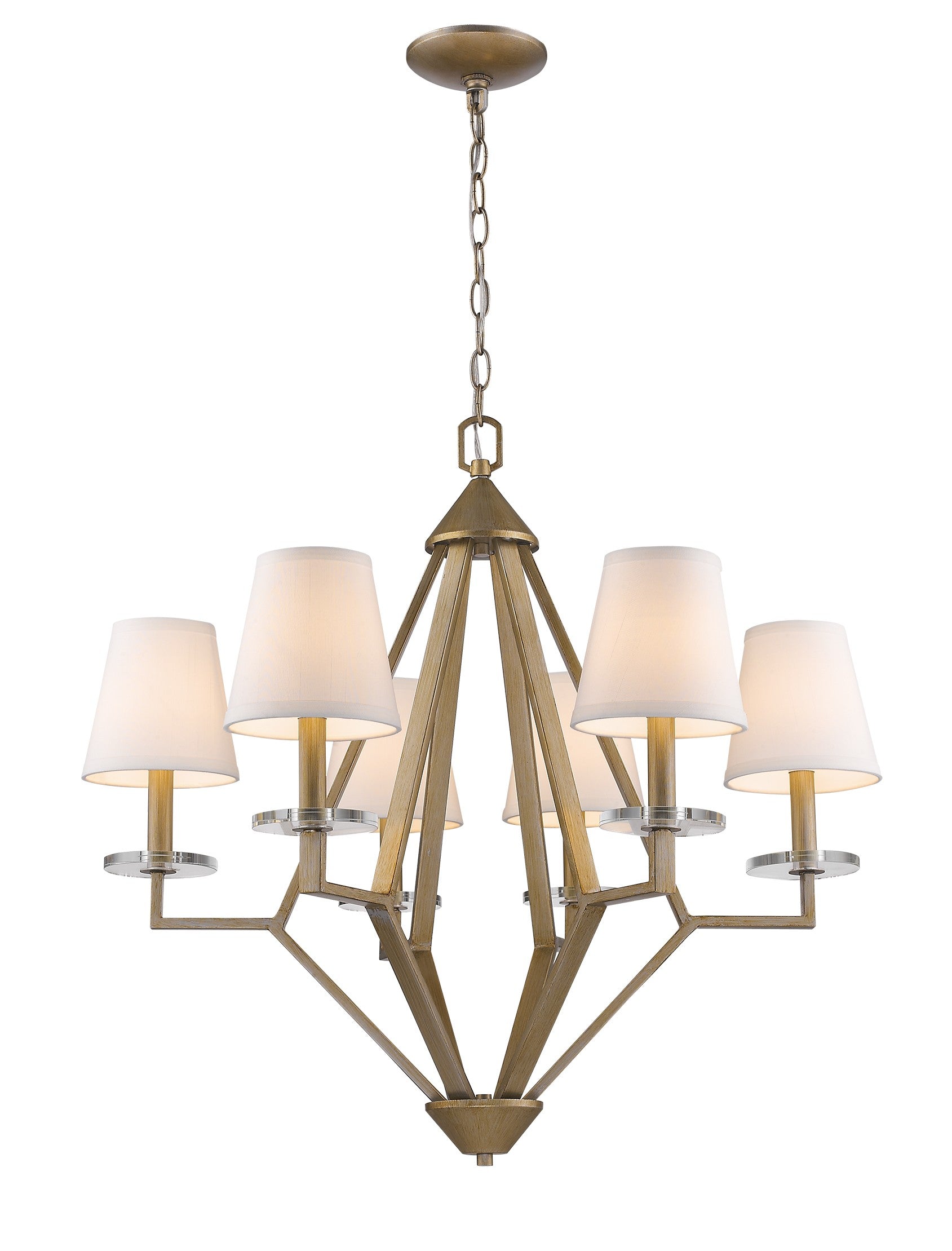 Gold Candle Style Six Light Metal and Crystals Dimmable Chandelier With White Shades