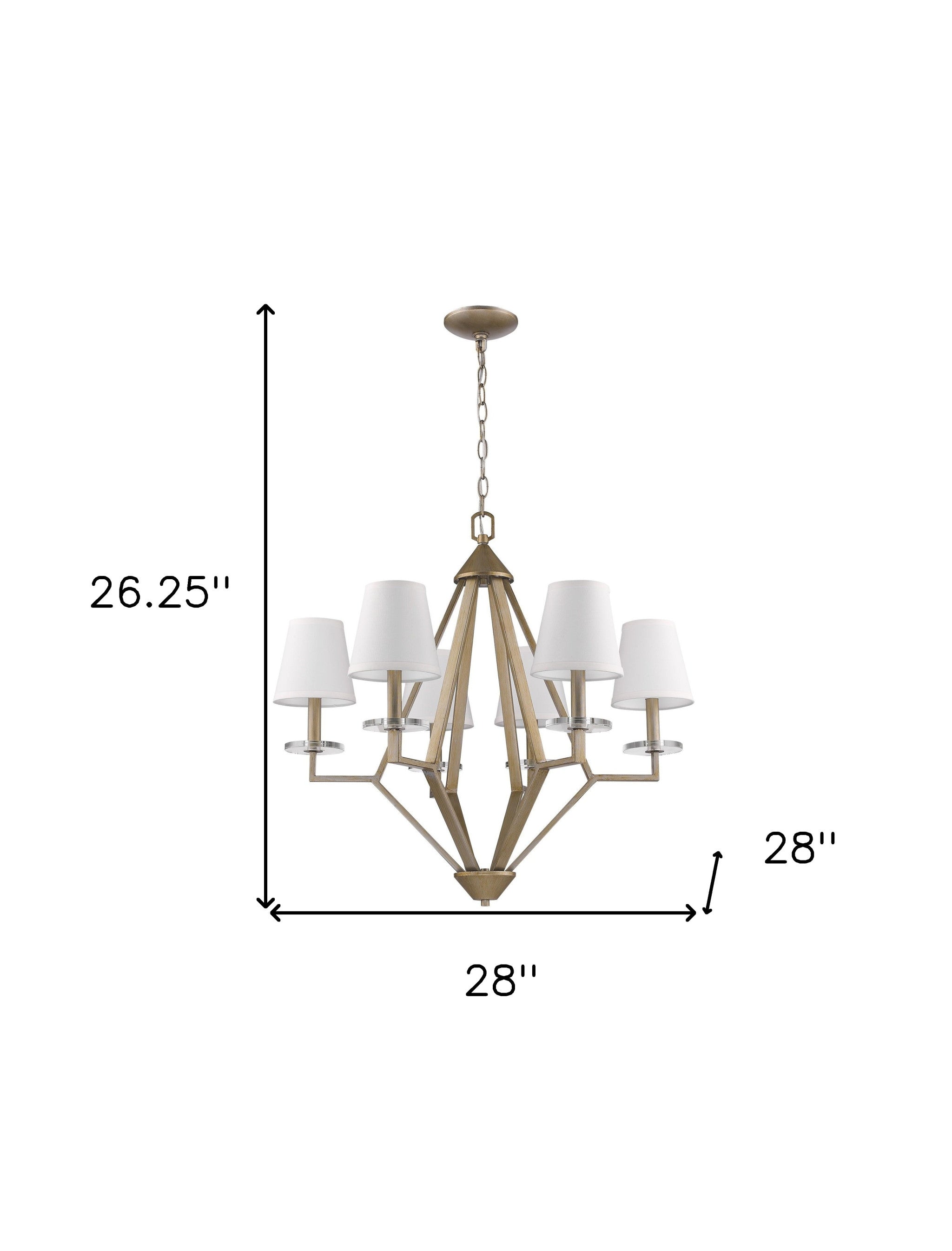 Gold Candle Style Six Light Metal and Crystals Dimmable Chandelier With White Shades